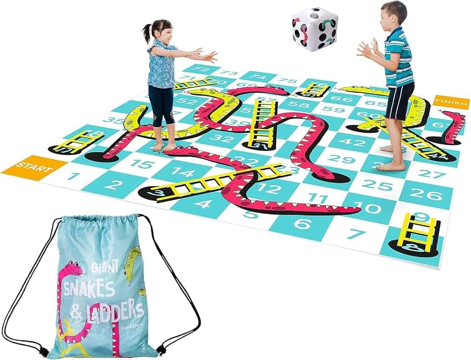 THE TWIDDLERS XXL Schlangen und Leitern Riesenspiel (3x3m) - Wasserfeste Outdoor Spielmatte für Kinder und Erwachsene mit Aufblasbarem Würfel & Tasche - Gartenspiel für Partys, Familie & Schulen