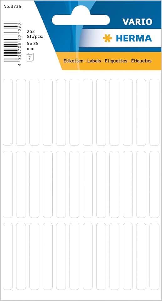HERMA 3735 Vielzweck-Etiketten, 252 Stück, 5 x 35 mm, 36 pro Bogen, selbstklebend, Haushaltsetiketten zum Beschriften für Kalender Planer Basteln, matt, blanko Papier Klebeetiketten Aufkleber, weiß