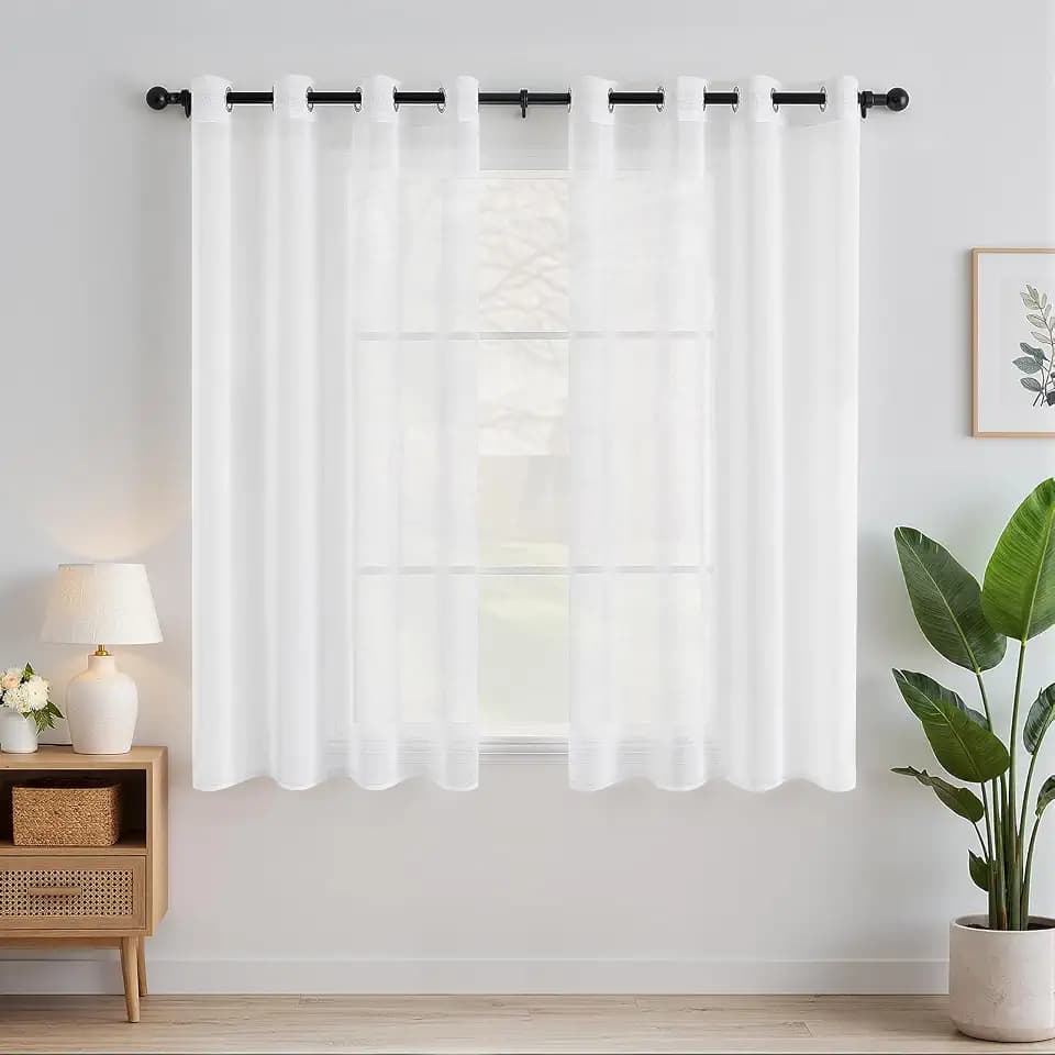 EMEMA Gardinen mit Ösen 2er Set 145cm Lang Weiß Vorhang Voile Vorhänge
