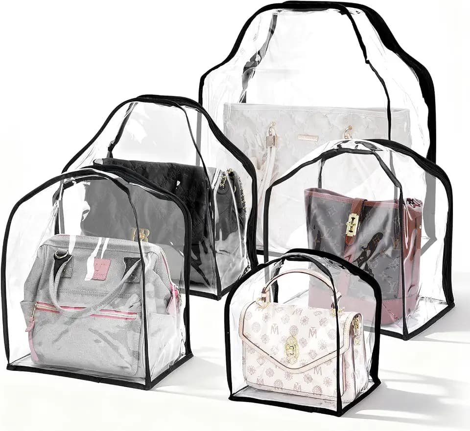 5 Pack Clear Dust Bags for Handbags,5-Sizes Purse Storage Organizers,Purse Protector Storage Bag with Luxury Bags,Soft Stand-Up Covers with Zipper Closure
