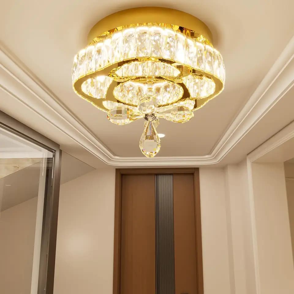 Flashing God Dia 12'' Mini Dining Room Chandelier Modern Crystal Chandeliers for Hallway Light Fixture Gold Flush Mount Ceiling Light for Living Room Bedroom Stairwell Dimmable 2700k-6000k