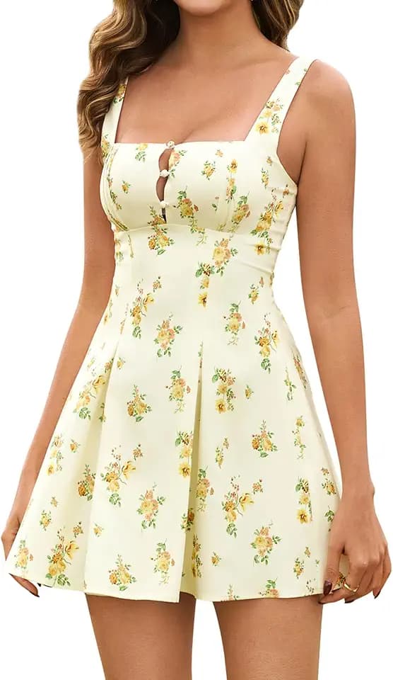 URYIAO Summer Floral Ruffle Mini Dresses for Women A Line Smocked Buttons Corset Boho Sundress Casual Party Dress
