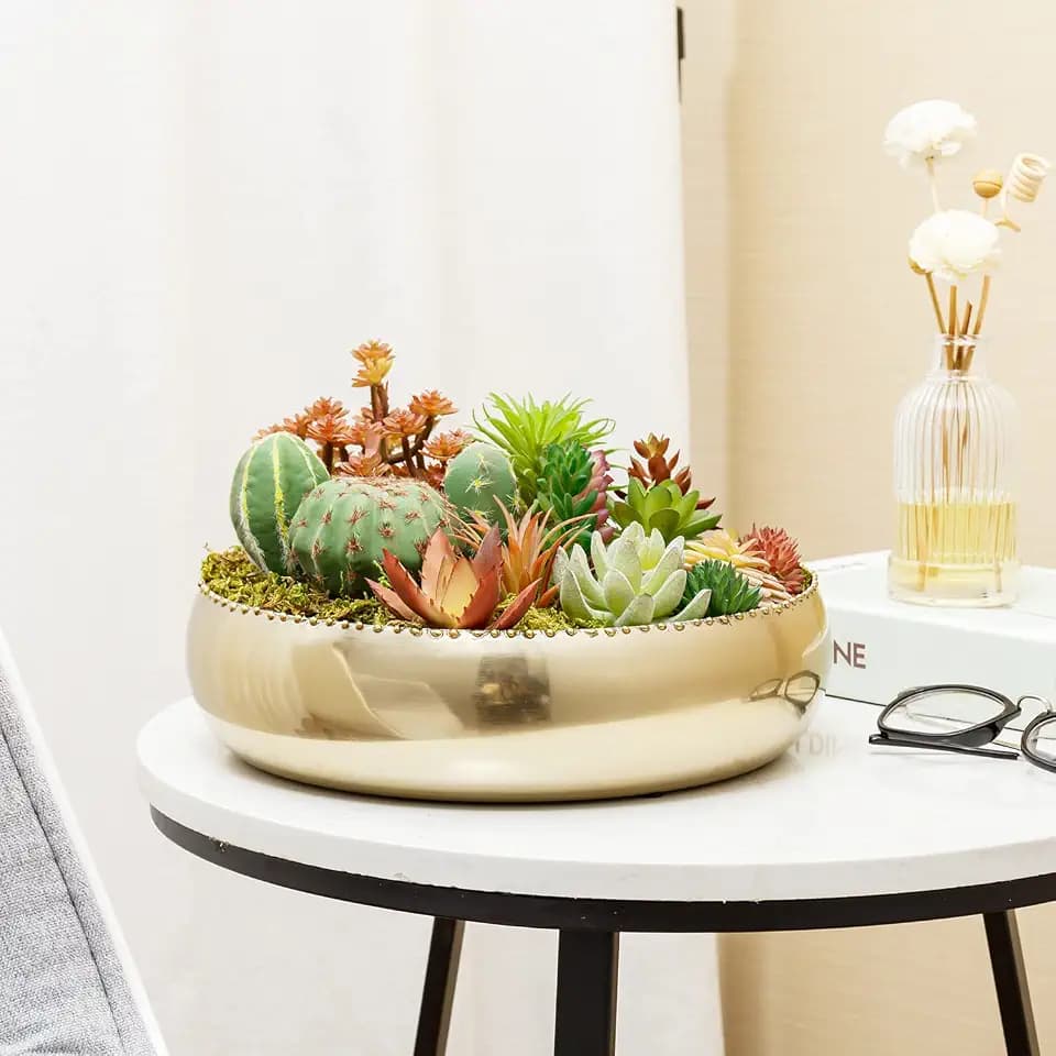 MyGift 11 Inch Brass Metal Planter Bowl, Shallow Succulent Pot