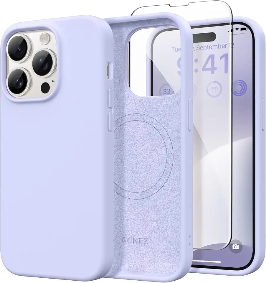 GONEZ Magnetic for iPhone 14 Pro Case, [Compatible with MagSafe] Anti-Scratch Microfiber Lining & Screen Protector, Shockproof Slim Phone Silicone Cover 6.1 inch, Lilac