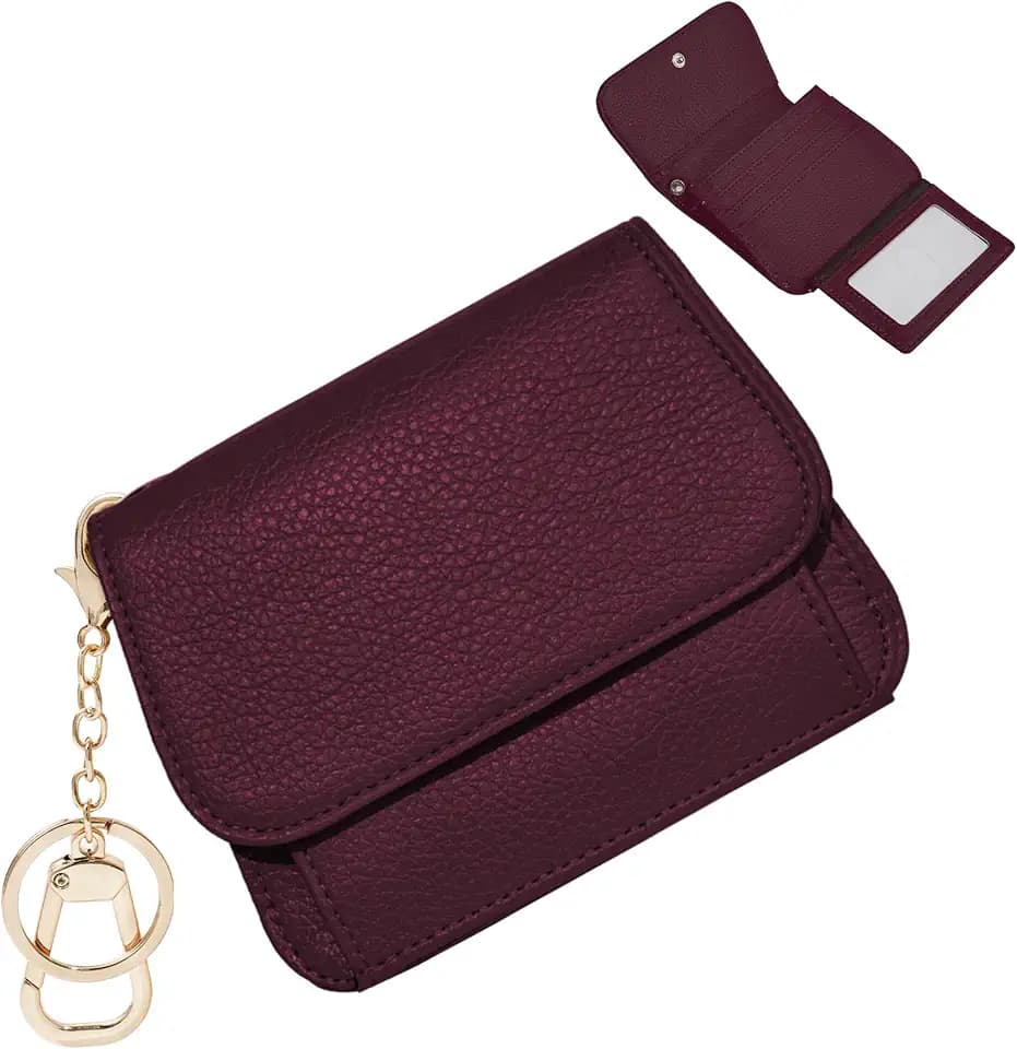 Women Small Wallet RFID Blocking Slim Wallet with Coin Pocket Tri-Fold Credit Card Holder with ID Window and Keychain (Burgundy)