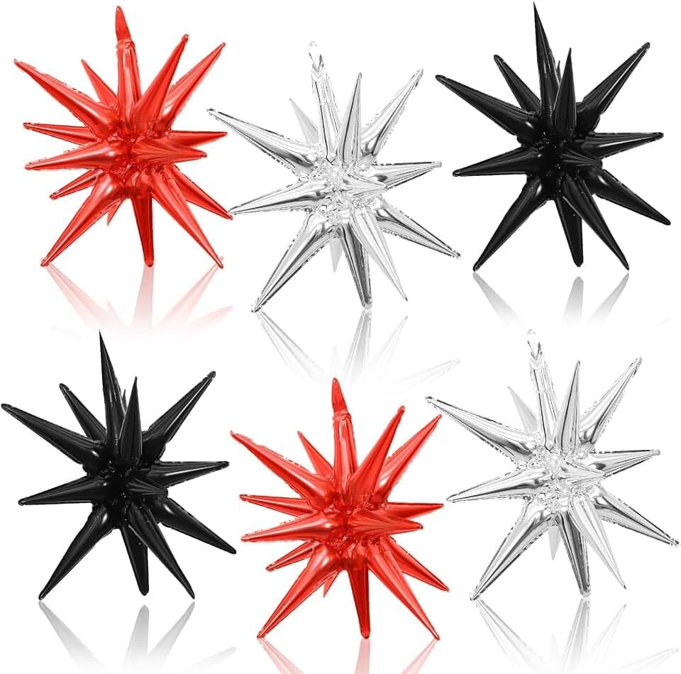 Black Red Silver Star Balloons, 6PCS 22 Inch Foil Explosion Star Balloons