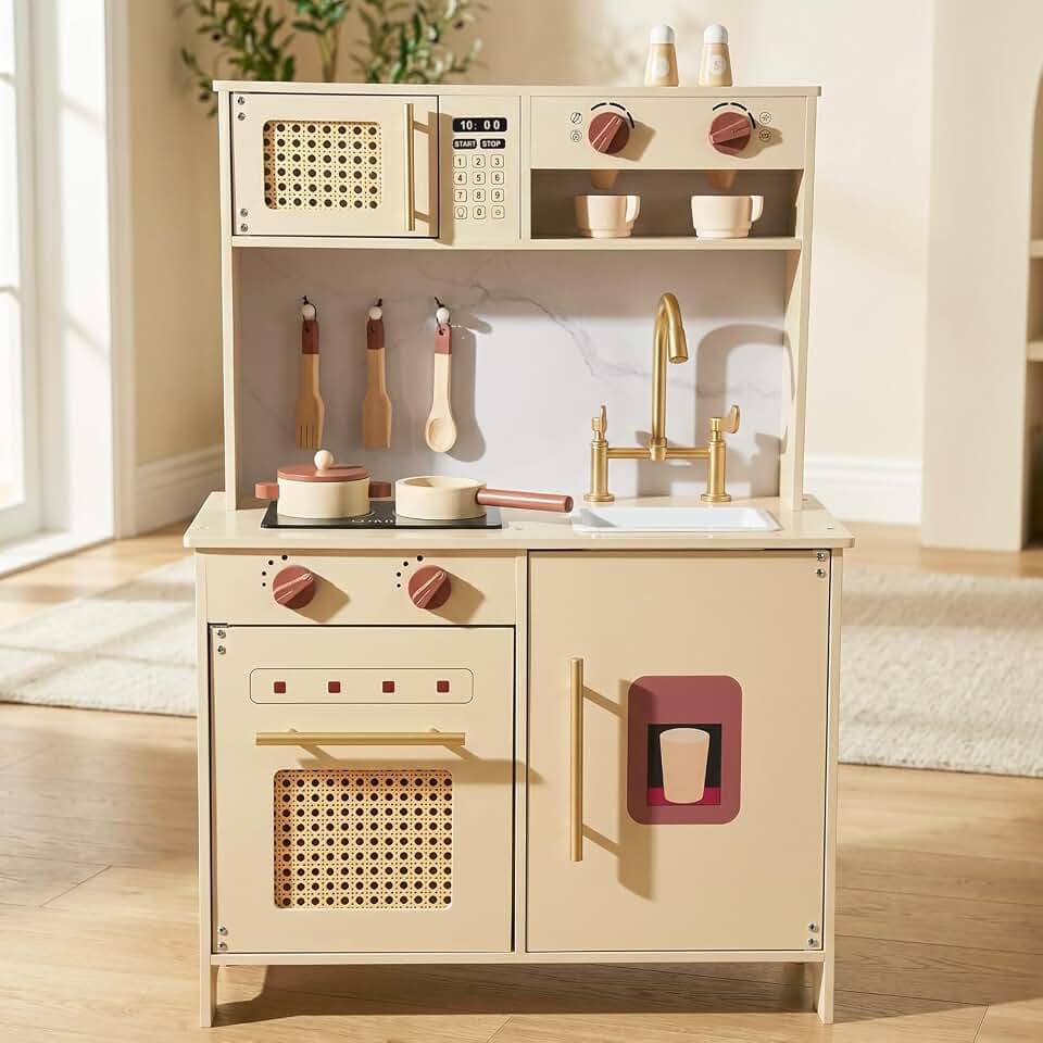 WoodenFun Vintage Küche Holz Schrank mit Mikrowelle Backofen Rollenspiel ab3 (Beige)