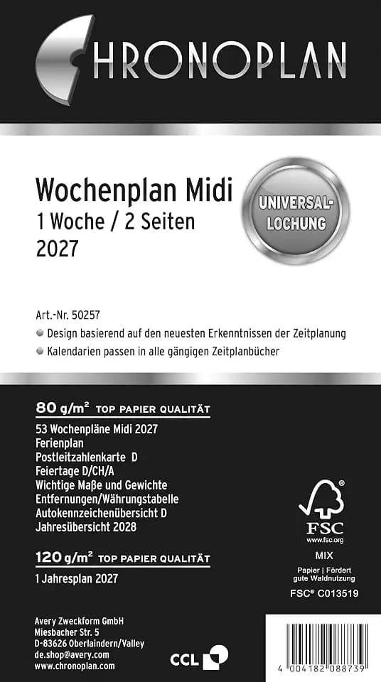 Chronoplan 50257 Kalendereinlage 2027 (Wochenplan Midi (96x172 mm), Ersatzkalendarium für Terminplaner, ideal für detaillierte Wochenplanung, 1 Woche auf 2 Seiten in Zeilen, mit Universallochung) weiß