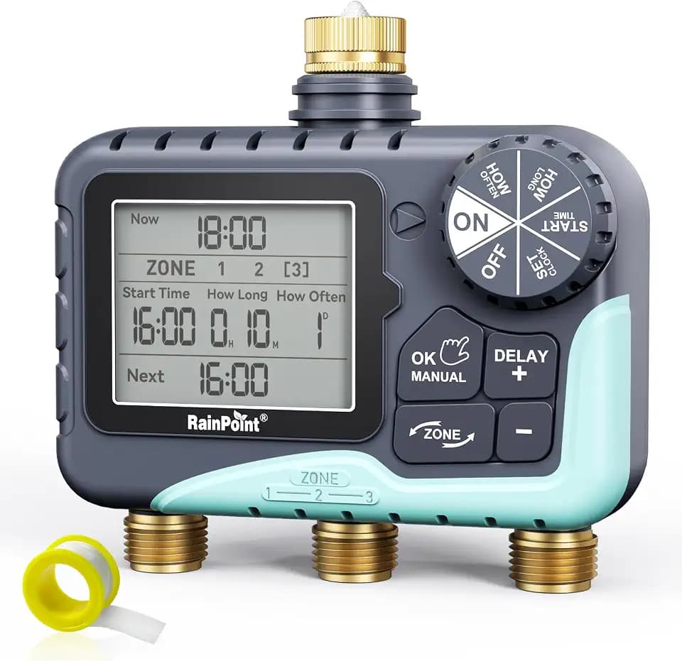 RAINPOINT 2027 V2 Upgrade 3 Zone Water Timer, Solid Brass Inlet & Outlet, IP65 Waterproof, 3 Independent Schedules, Rain Delay, Manual & Automatic Irrigation for Garden Yard Lawn Greenhouse
