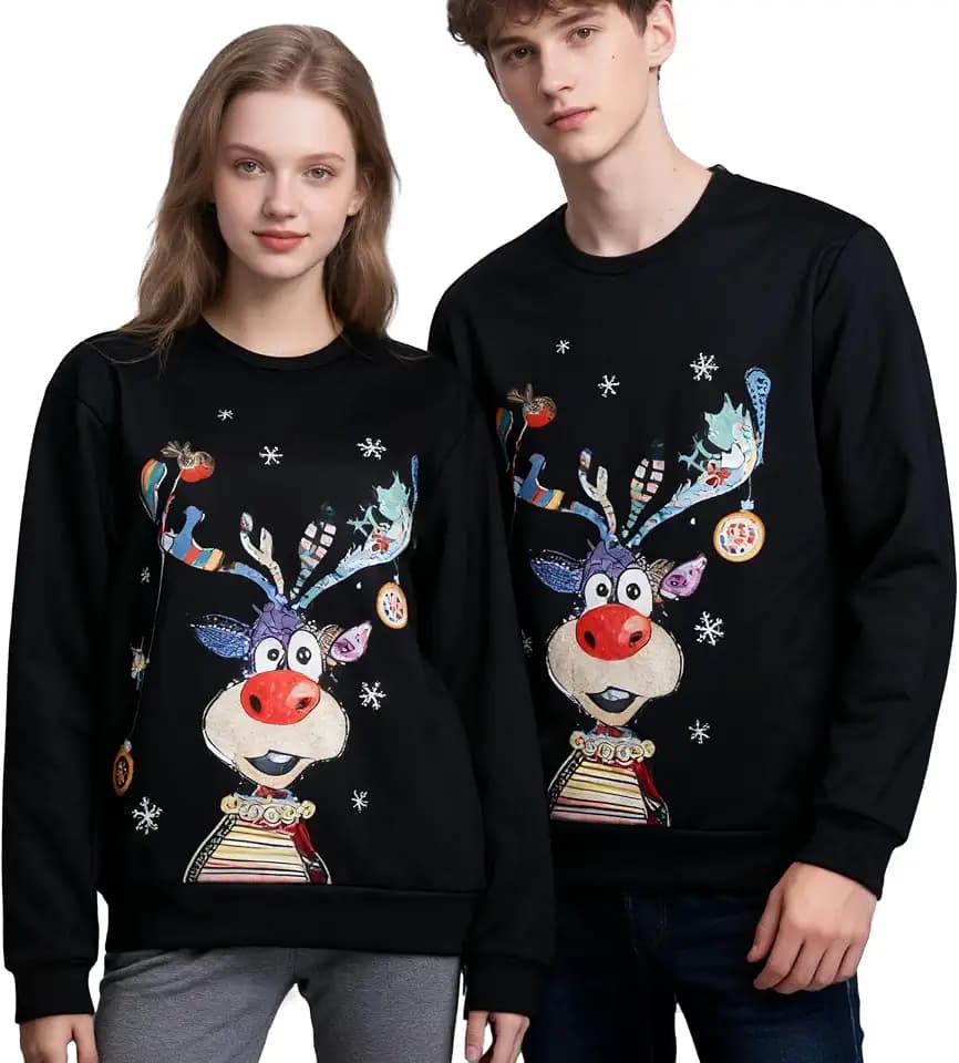 Hässliche Weihnachtspullover Damen Herren Lustige, Warme Ugly Christmas Sweater Unisex Baumwolle Weihnachtsshirt Langarm Pulli Basic Rundhals Hirschkopf Muster Herbst Winter