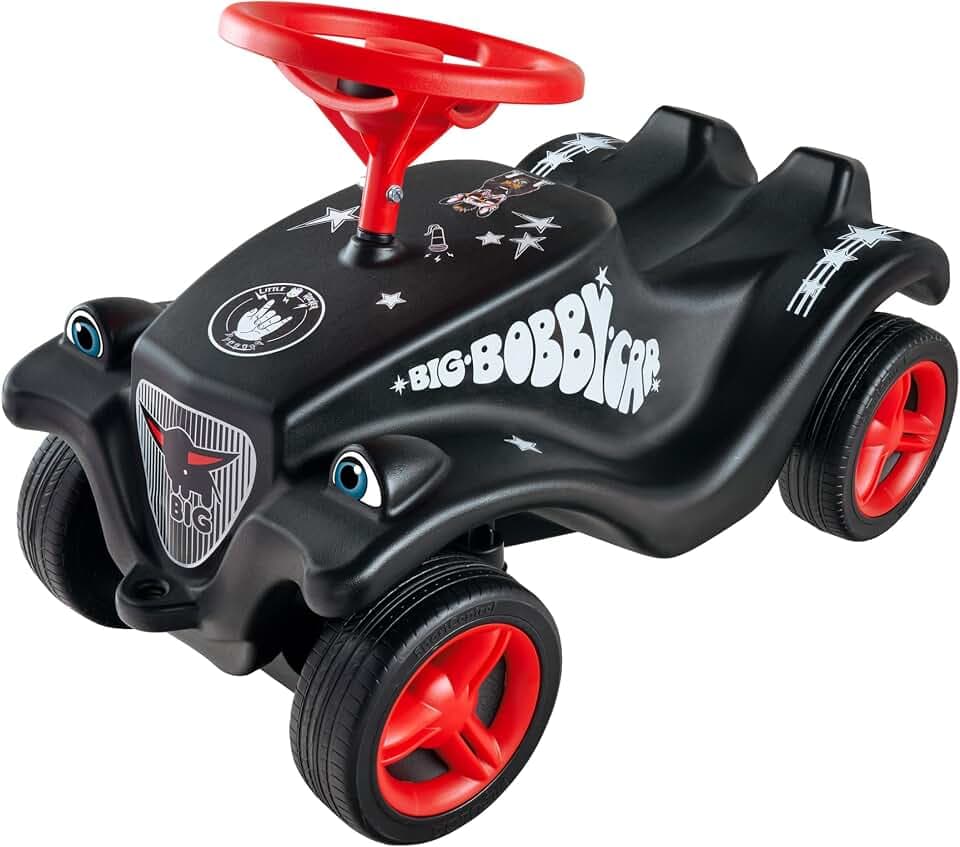 Big Bobby Car Classic Little Rocker - Rutschauto im dunklen Rock n‘ Roll-Design mit Breiten, extra leisen Fulda Rädern, mechanischer Hupe, bis 50 kg, für Kinder ab 12 Monaten