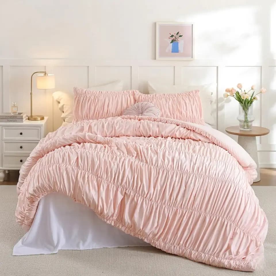 weigelia Blush Pink Ruched Comforter Set King Size, Cute Girls Bedding Set