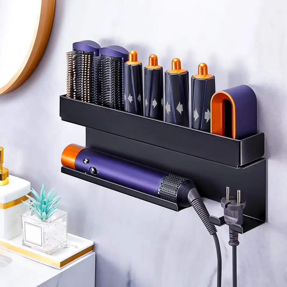 Föhnhalter Wand Ohne Bohren, Föhn und Glätteisen Halterung Für Styler Lockenstab Zubehör, Fönhalterung Wandhalterung, Selbstklebend Haartrocknerhalter Organizer Bad (Schwarz)