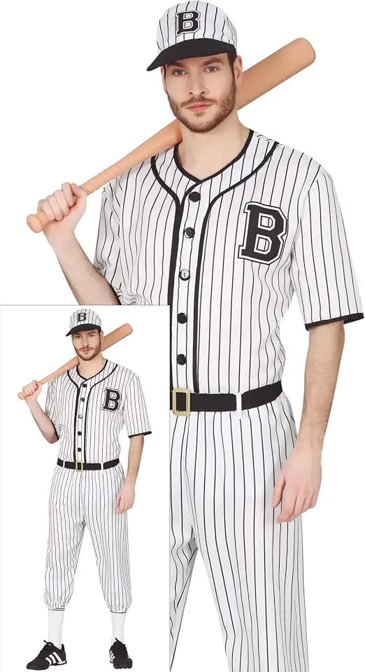FIESTAS GUIRCA | Baseballspieler Kostüm für Erwachsene - T-Shirt, Gürtel, Mütze und Hose - Sport Kostüme für Halloween, Karneval und Kostümpartys - Herren - Weiß und Schwarz
