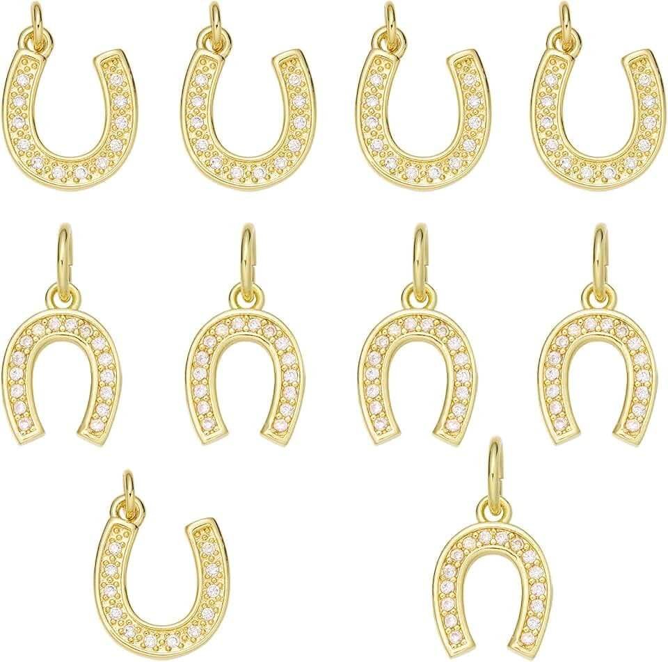 10Pcs Western Horseshoe Charm for Jewelry Making Gpld Plated Brass Charms Pendants with Cubic Zirconia for DIY Bracelets Necklace Keychain