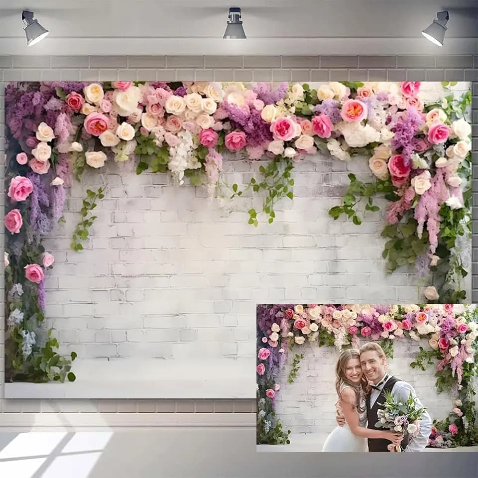 10x6.5ft Retro White Brick Wall Floral Backdrop Romantic Roses Vine Leaves Photography Background Girls Birthday Party Wedding Bridal Shower Flowers Brick Wall Decoration Supplies Photo Booth Props