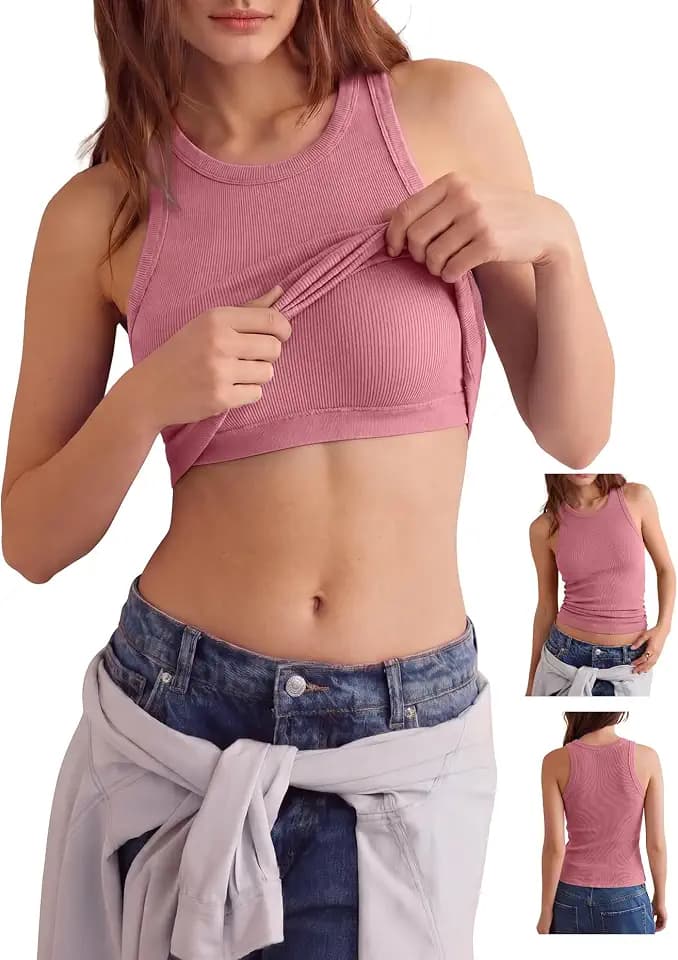 Darong Women's Ribbed Crew Neck Slim-Fit Tank Tops with Built-in Bra