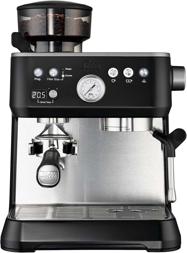 Solis Grind & Infuse Perfetta 1019 Siebträgermaschine - Kaffeemaschine mit Mahlwerk - Integrierte Zero Static Kaffeemühle - Espressomaschine mit Dampf- und Heißwasserfunktion - Schwarz