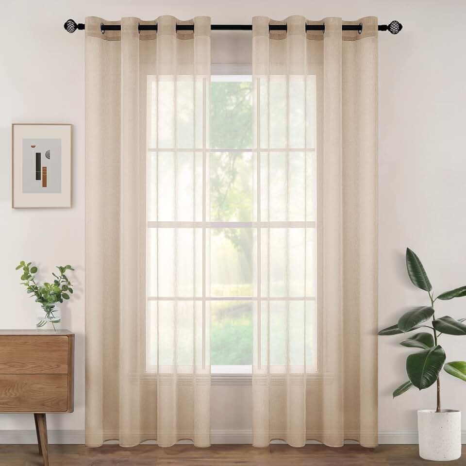 Woaboy Voile Gardinen Vorhänge Ösen 2er Set 140x235cm Beige