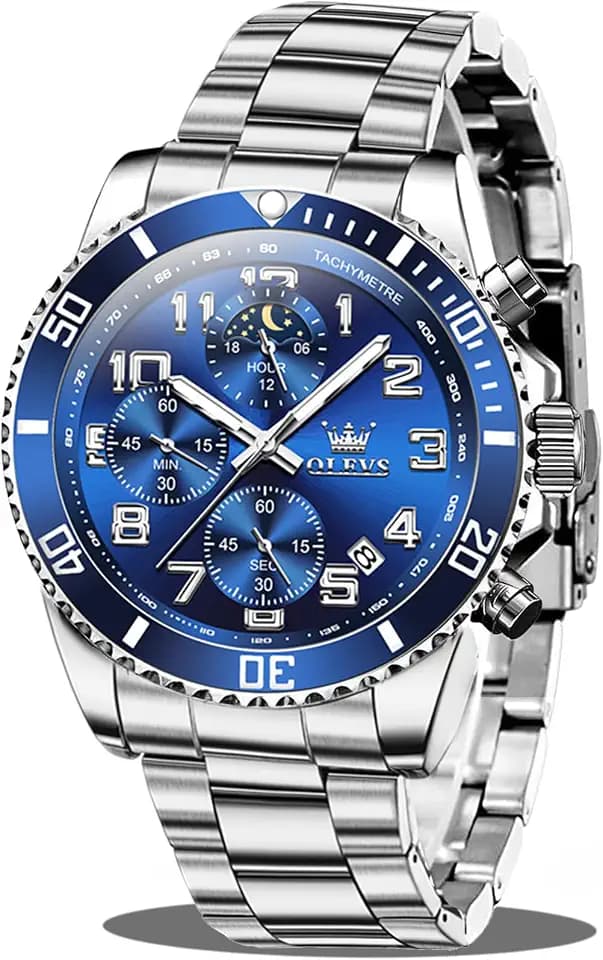 OLEVS Mens Stainless Steel Watch Fashion Luxury Big Face Analog Waterproof