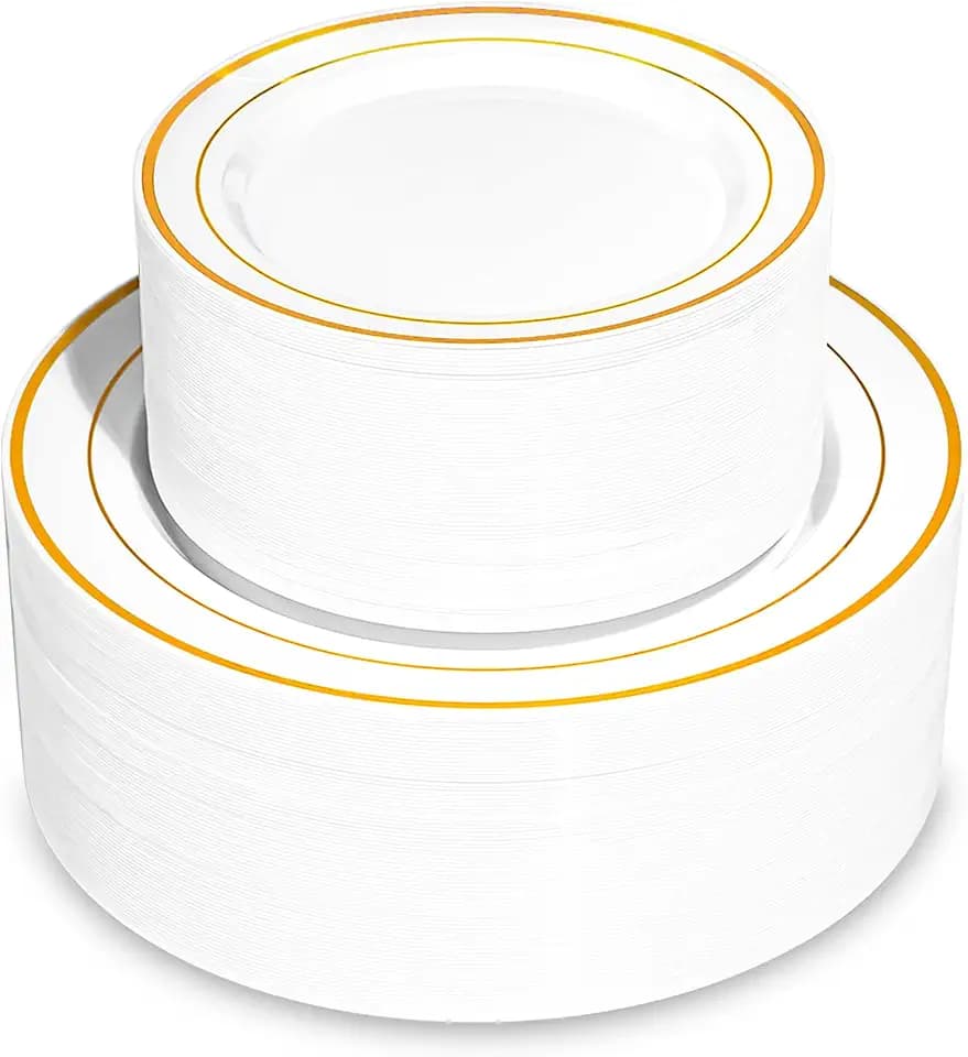 200PCS Gold Plastic Plates, Disposable Party Plates with Gold Rim