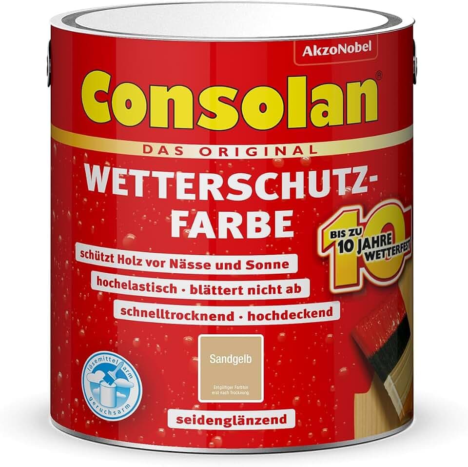 Consolan Wetterschutzfarbe, Deckender Holzschutz für Außen, Sandgelb, 2,5L