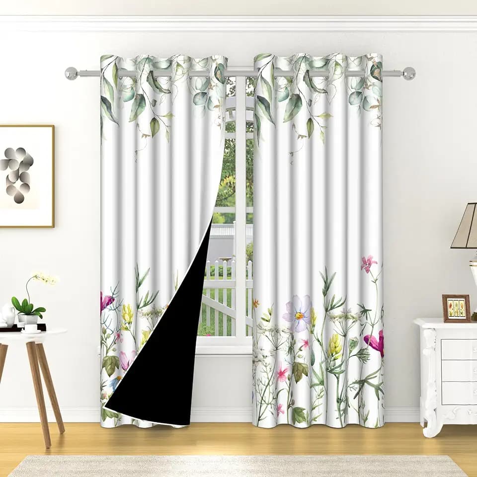 Flower Blackout Curtains Summer Green Leaves Room Darkening Curtain for Bedroom,Watercolor Floral Wildflowers Window Drapes for Living Room Decor Curtains 2 Panels 52x84 inch