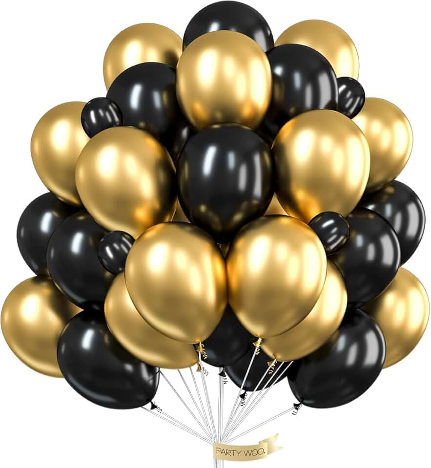 PartyWoo Black and Gold Balloons 66pcs 12 Inch Black Chrome Gold Balloons