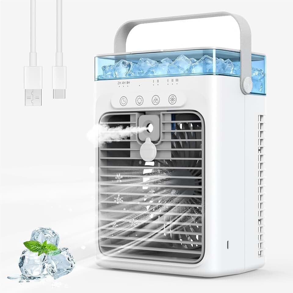 Mobile Klimaanlage, Tragbare Luftkühler mit 1L Wassetank, 3 Geschwindigkeiten & Sprühmodus, Klimaanlage ohne Abluftschlauch, Klimageräte Persönlich Ventilator für Zimmer, Camping