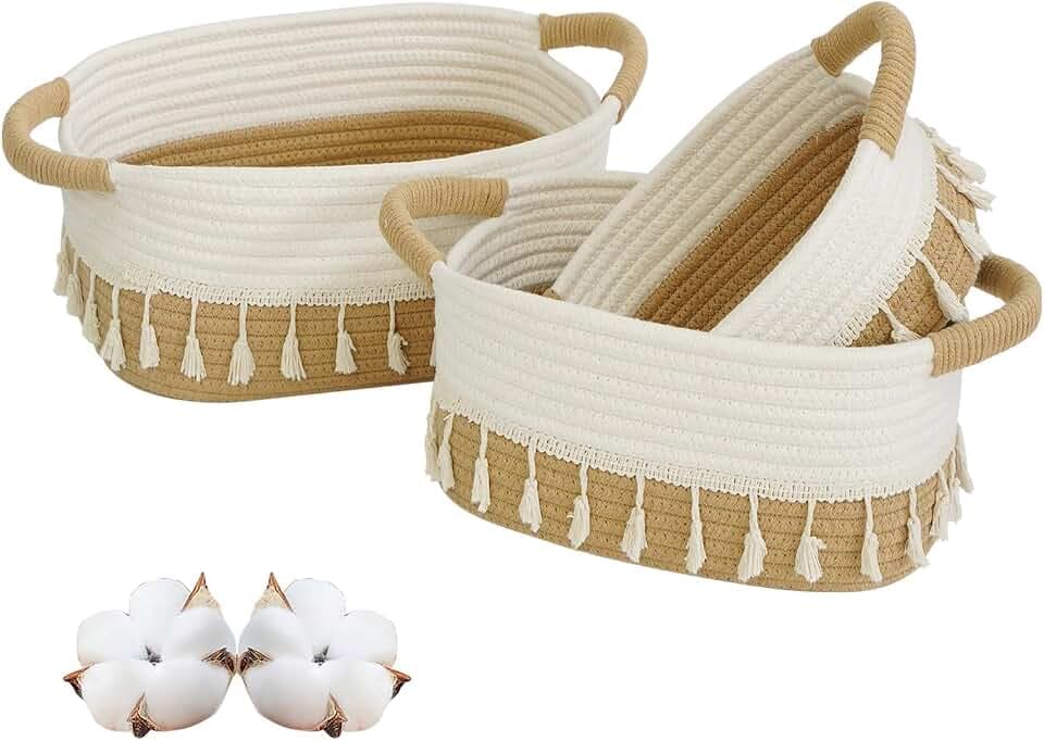 danpinera 3er Aufbewahrungskörbe Set aus Baumwollseil – Woven Rope Storage Baskets mit Griffen, Boho Quasten Deko körbchen, für Wohnzimmer, Schlafzimmer, Kinderzimmer, Große/Mittlere/Kleine Weiß-Khaki