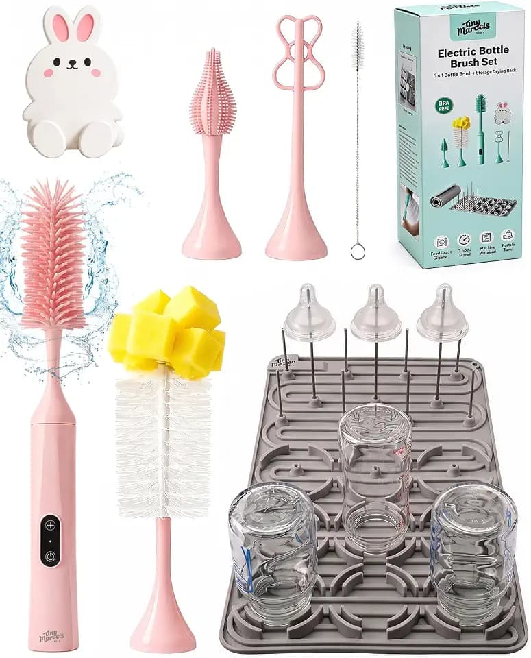 Tiny Marvels Electric Baby Bottle Brush Set with Storage Drying Rack