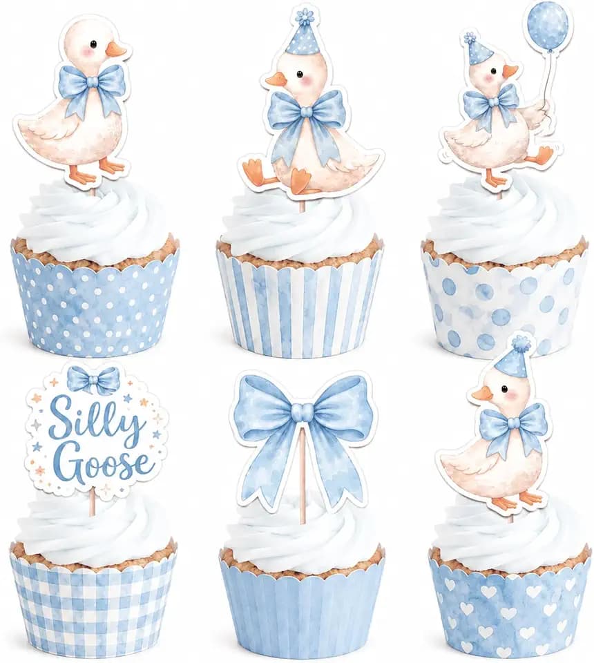ALISSAR 36 Pack Blue Silly Goose Cupcake Toppers, Pre-Assembled Double Sided Cupcake Decorations for Birthday Party, Baby Shower, Dessert Table and Treat Display