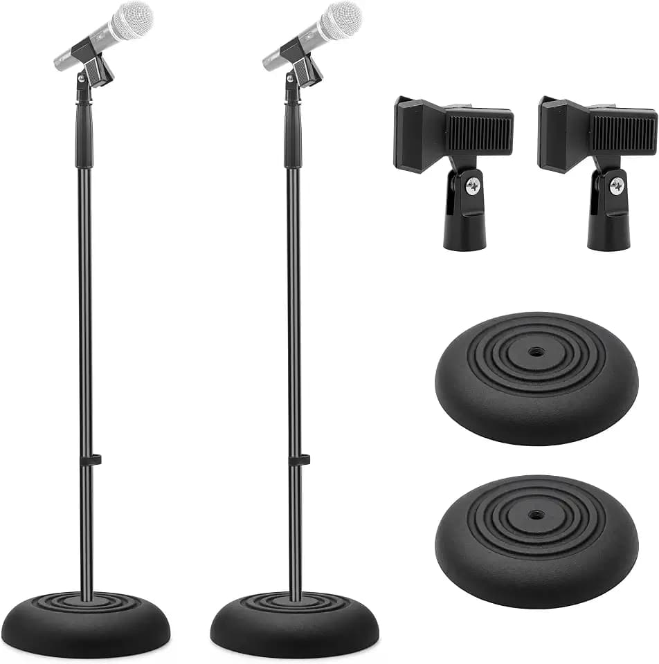 Pyle Universal Microphone Stand - Handheld Mic Compatible, Heavy Compact Base, Lightweight & Compact Design, 2.8 to 5 Ft Height Adjustable Clamp, Pivot Angle Clip, Home/Studio Use (Pair)