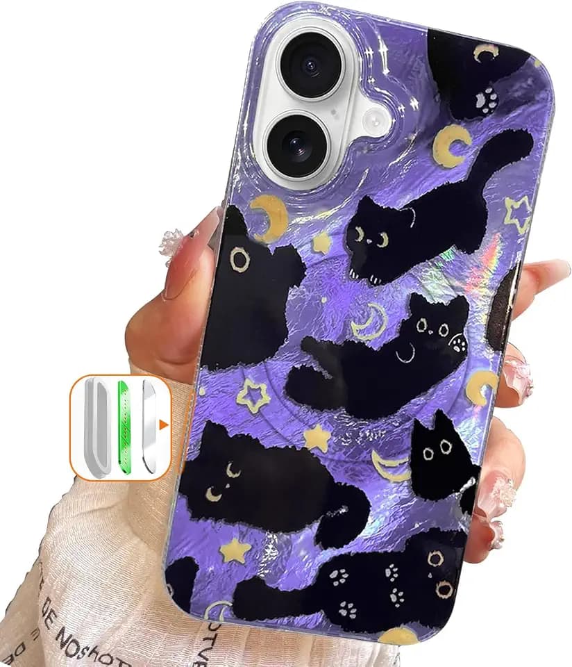 Compact Case for iPhone 16 Black cat Design,Compatible with Magsafe Camera Control Cute Soft Slim TPU Shockproof Protective Bumper Phone Cases Cover for Aesthetic-Purple