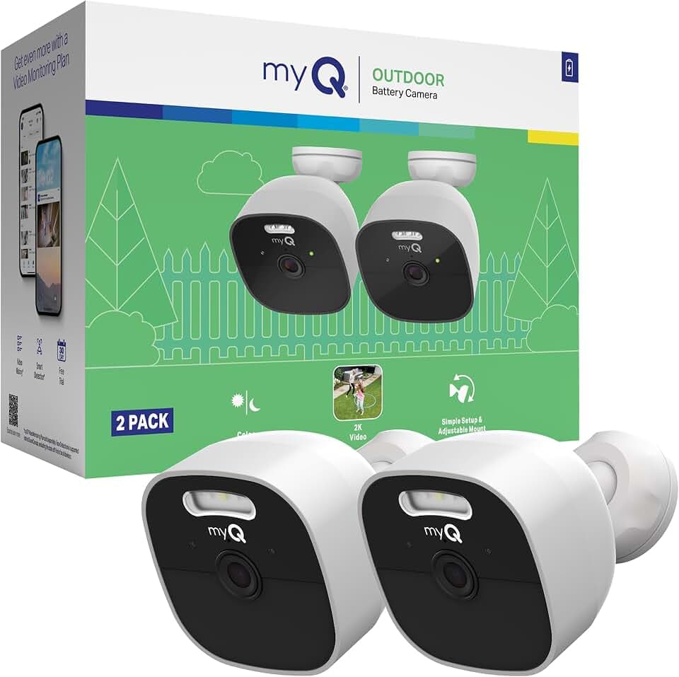 Chamberlain myQ Outdoor Battery Camera | 2K Camera, Color Night Vision, Spotlight, Motion Alerts, Live View with Two-Way Talk, Wireless, Weather-Resistant, Outdoor, White, 2 Pack