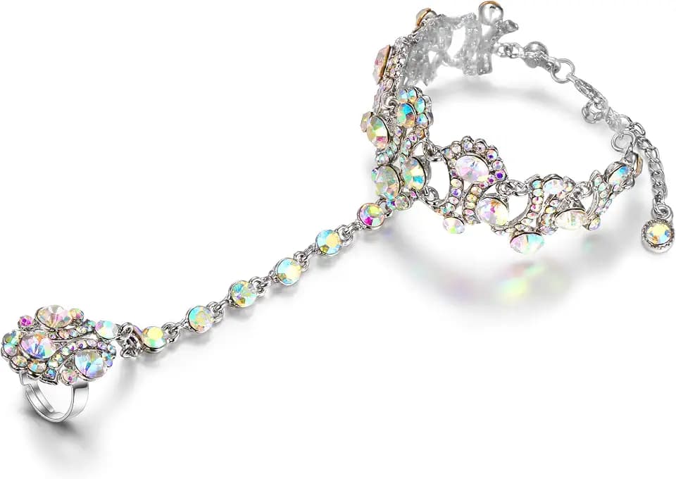 EVER FAITH Women's Austrian Crystal 1920s Style Inspired Banquet Prom Bracelet Adjustable Ring Set Silver-Tone