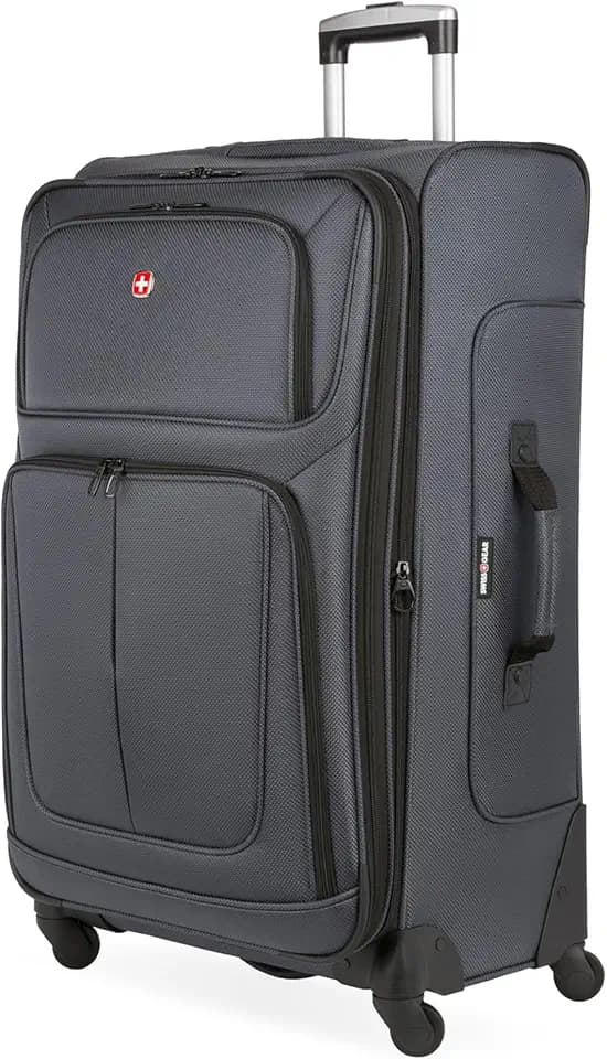 SwissGear Sion Softside Expandable Spinner Luggage Durable Lightweight Travel Suitcase, Dark Grey, Checked-Large