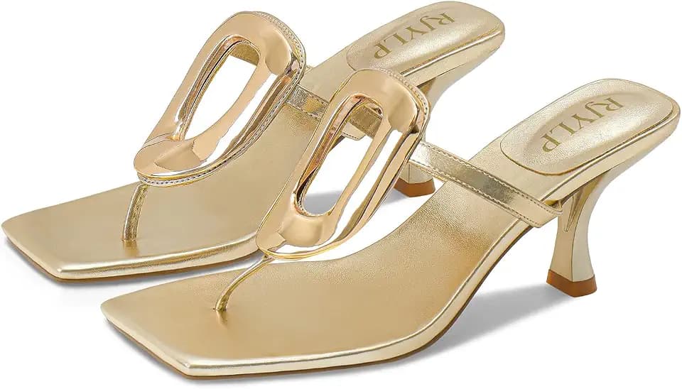 Metal Flip Flop Heels Sandals for Women Slip on Thong Sandals Kitten Heels Beach Dressy Casual Fashion Summer Flip Flops Shoes