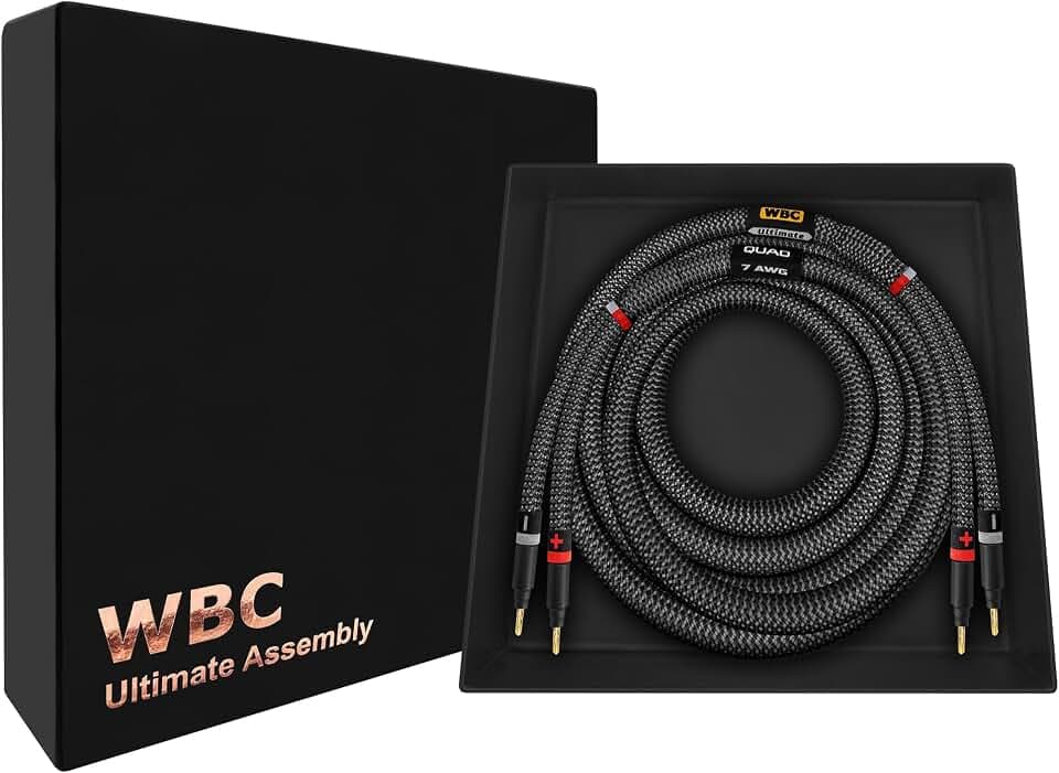WORLDS BEST CABLES 5.5 Foot Ultimate - 7 AWG - Ultra-Pure OFC - Premium Audiophile HiFi Single Speaker Cable for Center Channel with Eminence Gold Banana Plugs & Carbon Tweed Jacket