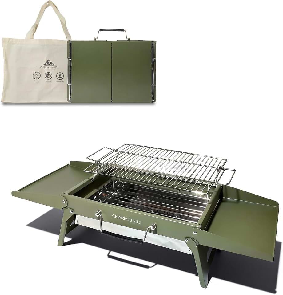 Charmline 15 x 11 inches Portable Charcoal BBQ Grill, Foldable Compact Camping Barbecue for 2–4 People, Ideal for Camping, Tailgating, Beach, Picnic & Tabletop Use, Green