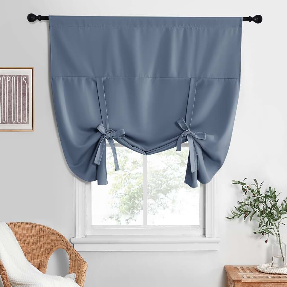 NICETOWN Blackout Room Darkening Curtain Balloon Valance Drape for Kitchen Window, Farmhouse Rod Pocket Curtain Panel for Bathroom Living Room, 52" Wide by 63" Long, Stone Blue, 1 Panel