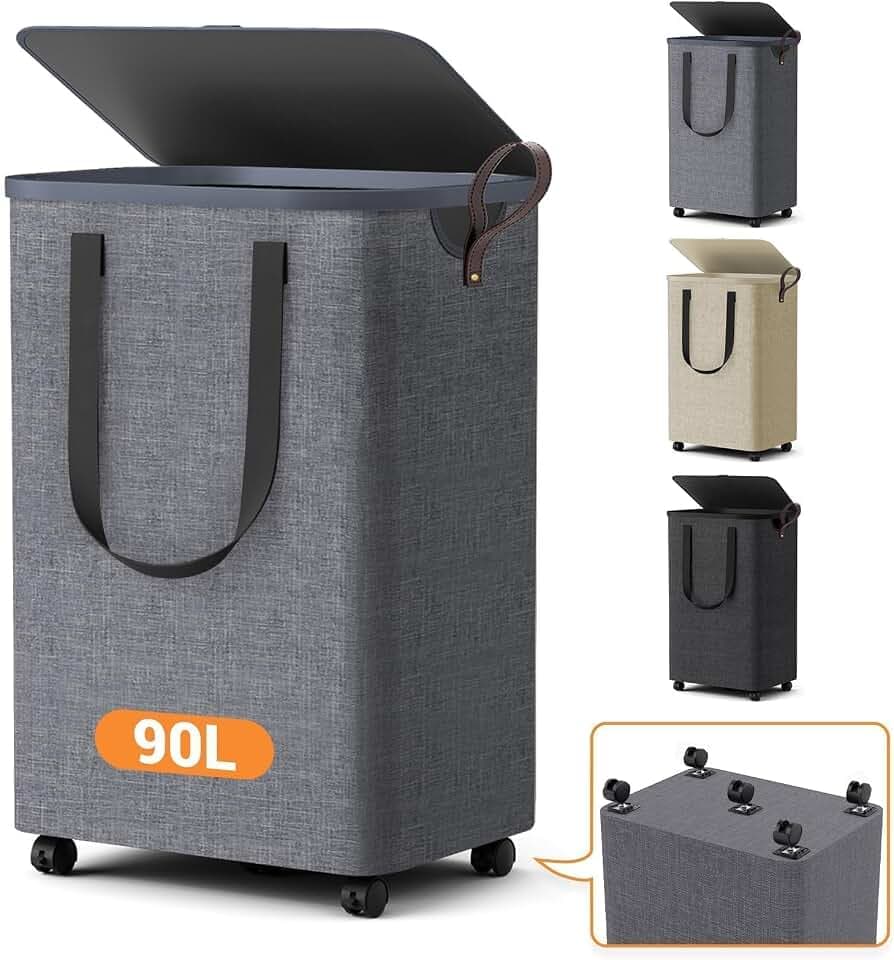 Laundry Basket with 5 Wheels, Rolling Laundry Hamper, 90L, Light Gray