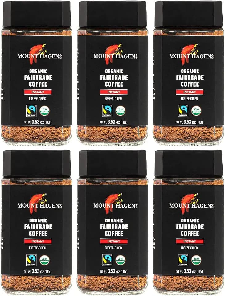 Mount Hagen 3.53oz Organic Freeze Dried Instant Coffee - 6 pack | Eco-friendly Coffee Made From Organic Medium Roast Arabica Beans | Fair-Trade Coffee Instant [6 x 3.53oz Jar]