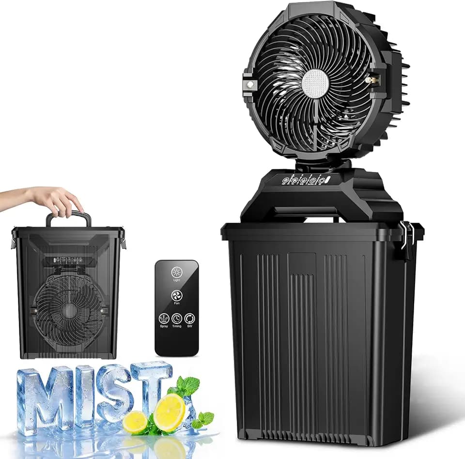 Portable Misting Fan for Outside, 70Hrs Camping Mister Fan,15L Cooling Fan with Remote, Ice Fan with 4 Spray Speeds,4 Misting Modes,3 Light Modes for Garden/Camping/Party/Fishing