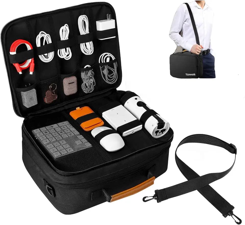 Extra Large Electronics Organizer Travel Case, Cable Organizer Bag with Shoulder Strap, Electronics Accessories Storage Double Layer Bags for Cord, Tablet, Headphone, Charger, Tools, DJ Gifts-Black
