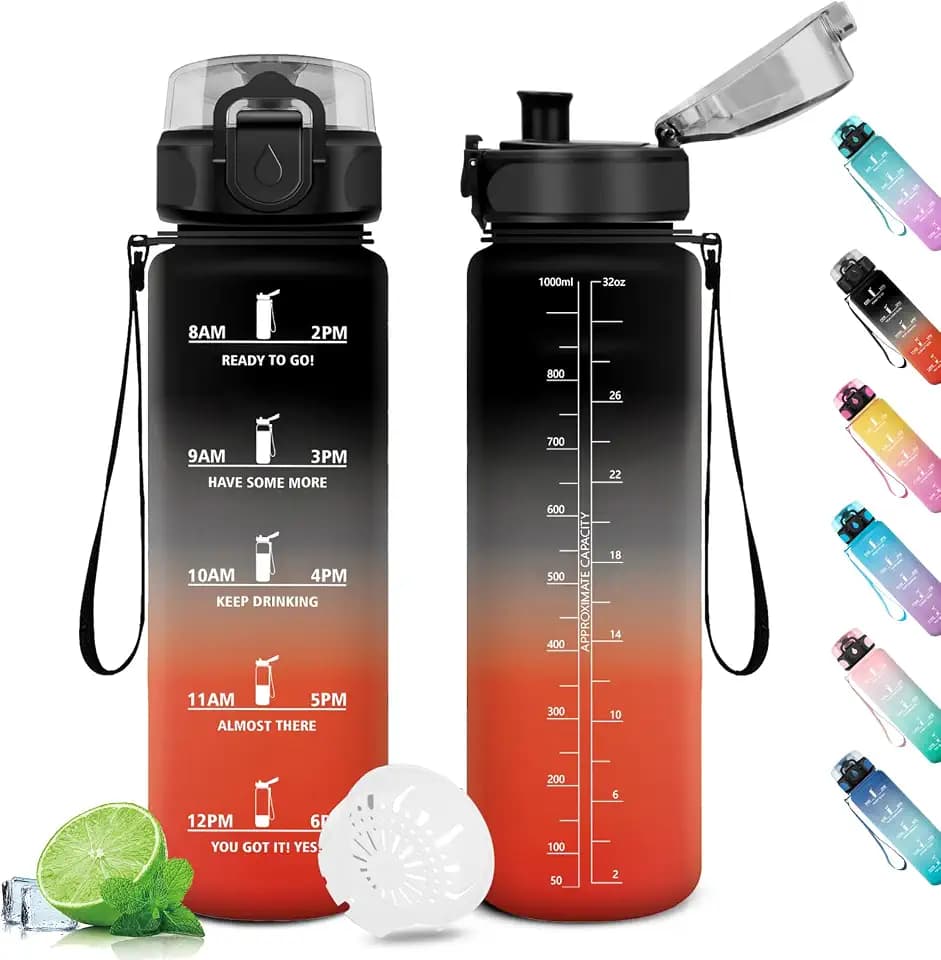 Wasserflasche Sport 1L, Auslaufsicher Wasserflasche mit Filter, Motivierende Trinkflasche mit Zeitmarkierung, Kohlensäure Geeignet, Sportflasche für Gym, Fitness, Büro, Schule, Yoga, Outdoor