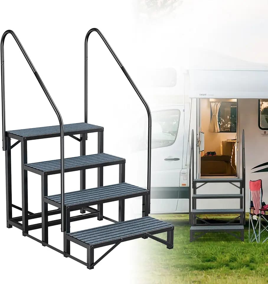 Rv Steps with Handrail 4 Step, Hot Tub Steps with Anti-Slip Mats