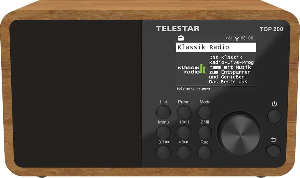 TELESTAR TOP 200 – DAB+/Internetradio – Holz | Mono, 10 Watt, Bluetooth Audio-Streaming & Sendefunktion, USB-Aufnahme, Notfallwarnsystem, Hotelmodus, App-Steuerung