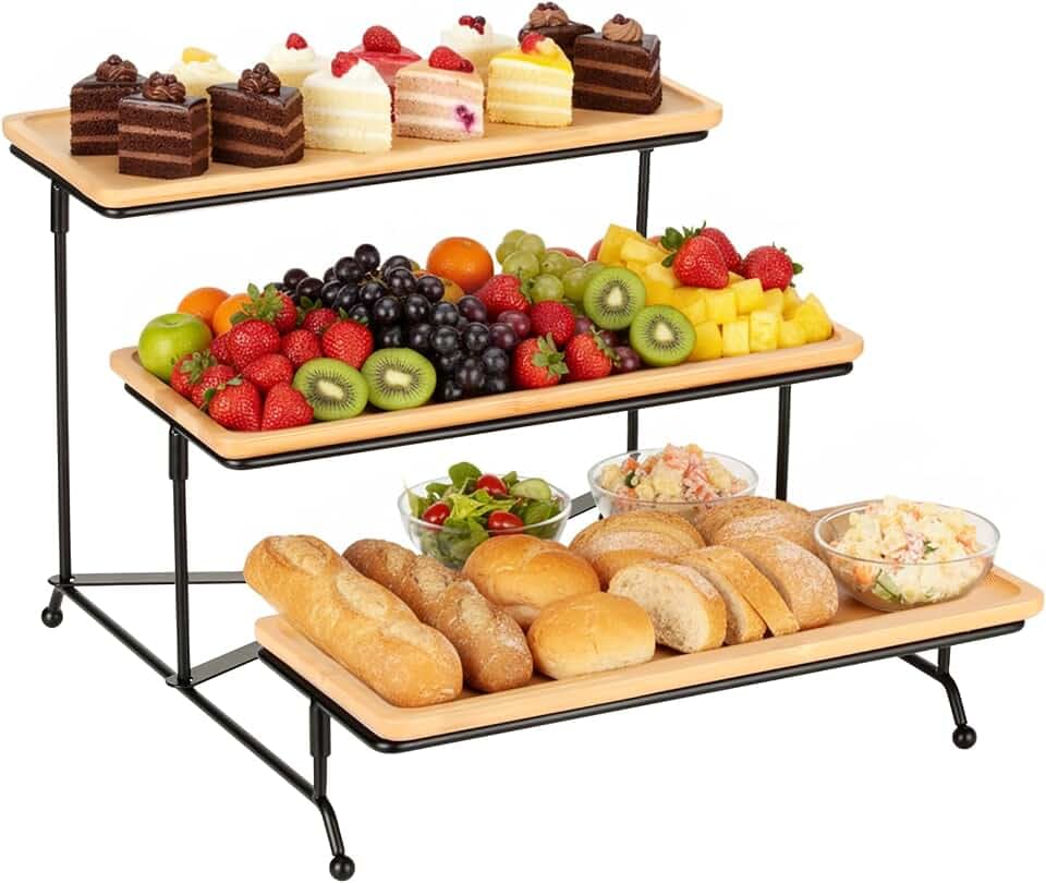 Cozary Etagere 3 Etagen, Etagere 3 Etagen Holz 28.9x12.5x1.2cm, Tablett Groß mit X-Gestell Metallregal, Kuchenplatte Rechteckig, Servierplatte für Gemüse Obst Kekse Desse