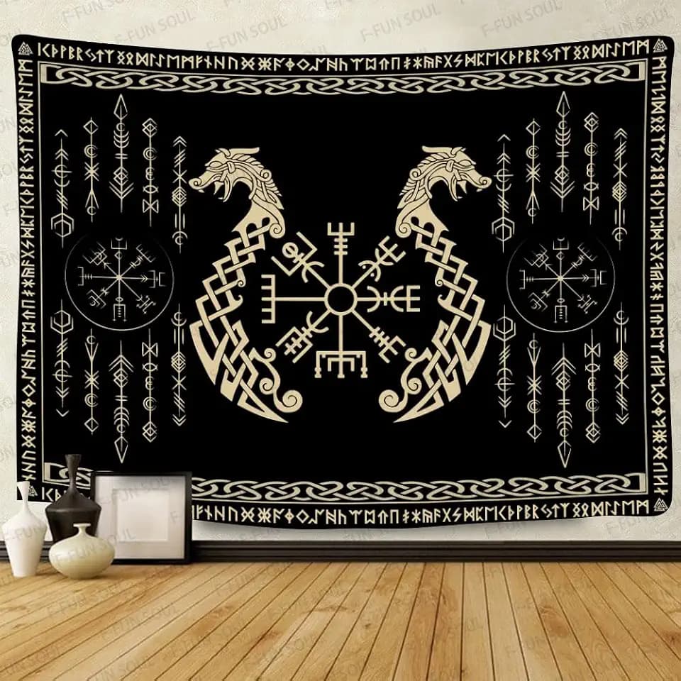 Nordic Vikings Tapestry Twins Dragons Aesthetic Tapestries, 100x90inches